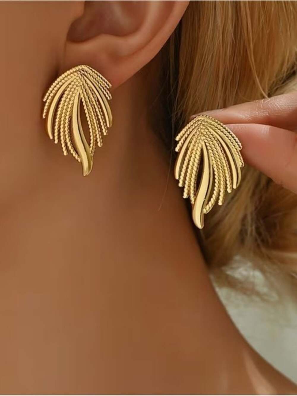 Textured Gold Leaf Stud Earrings for Women
